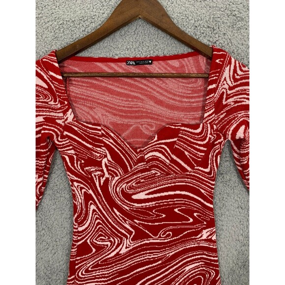 Zara Red Dress Small Jacquard Knit Sweetheart Neck Marble Swirl Conforming - Picture 4 of 14